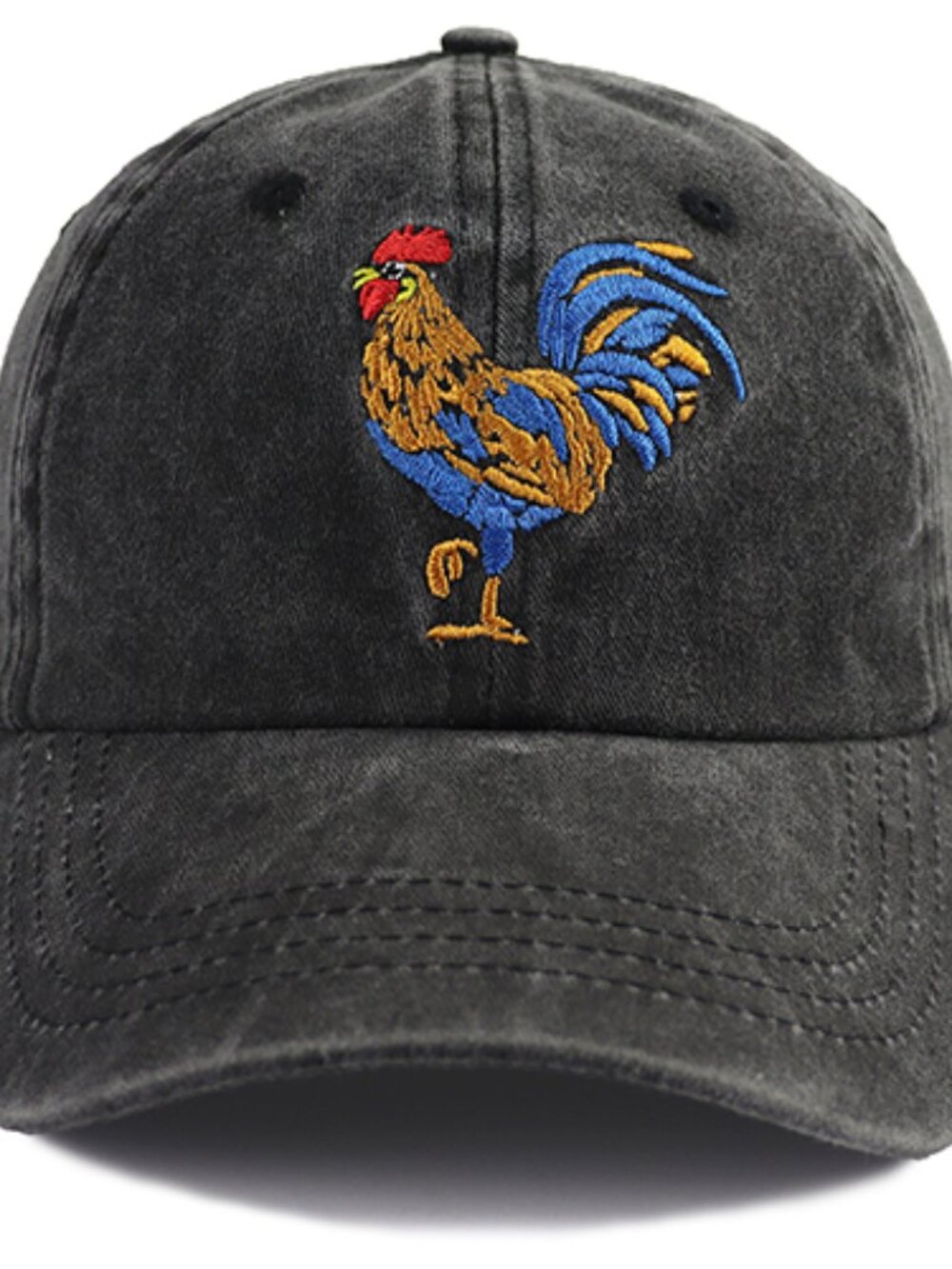 Colorful Embroidered Rooster Washed Black Dad Hat Baseball Cap